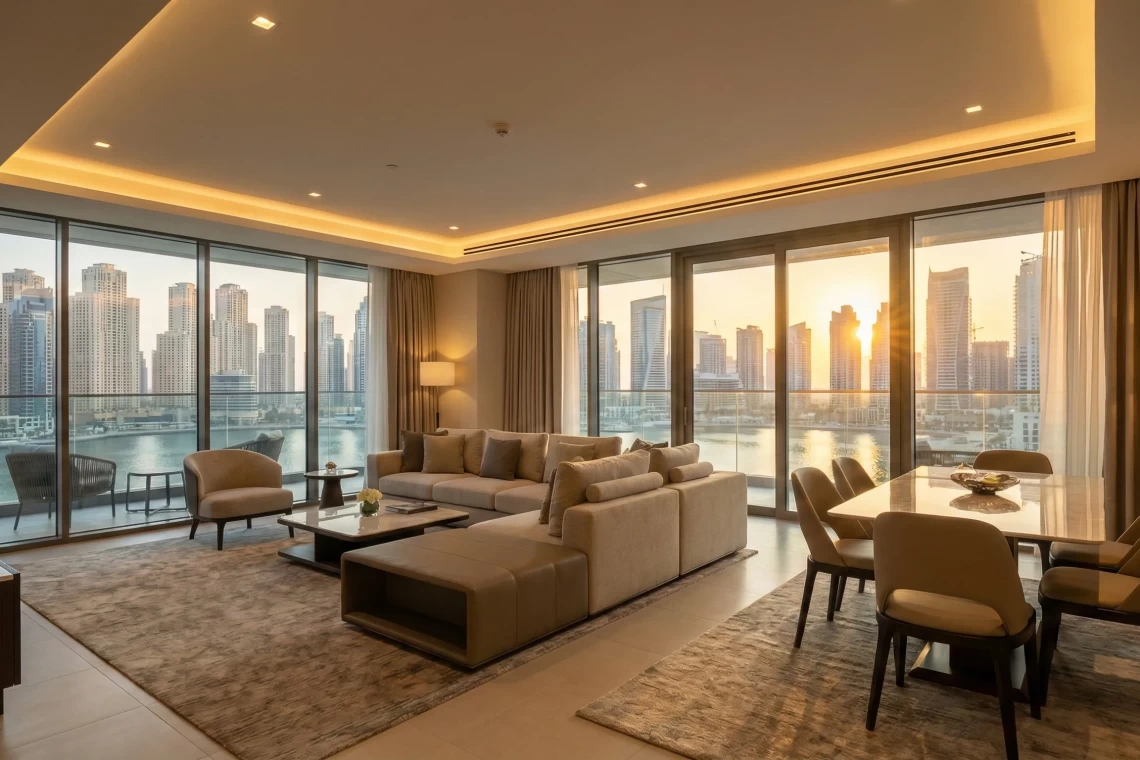 Modern serviced apartment living room with a view of the Dubai Marina skyline at sunset.
