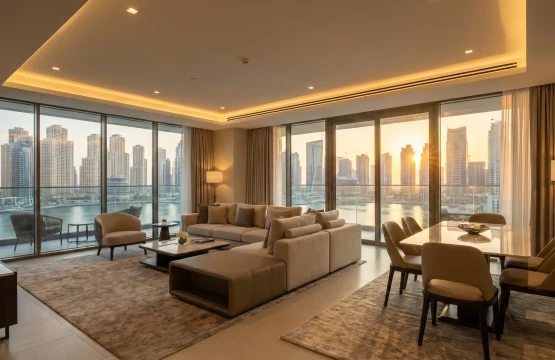Modern serviced apartment living room with a view of the Dubai Marina skyline at sunset.