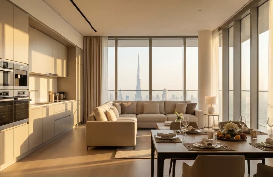 Spacious luxury serviced apartment living room with skyline views in Dubai.