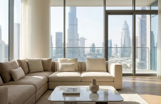 Modern luxury serviced apartment living room with Dubai skyline view.