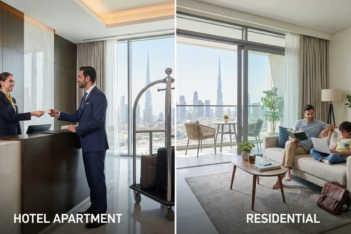 Comparison of a luxury hotel apartment lobby and a residential living room with Dubai skyline views.
