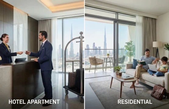 Comparison of a luxury hotel apartment lobby and a residential living room with Dubai skyline views.