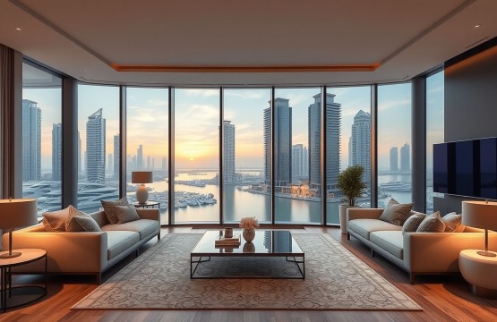 Luxury living room in Dubai Marina apartment with harbor view