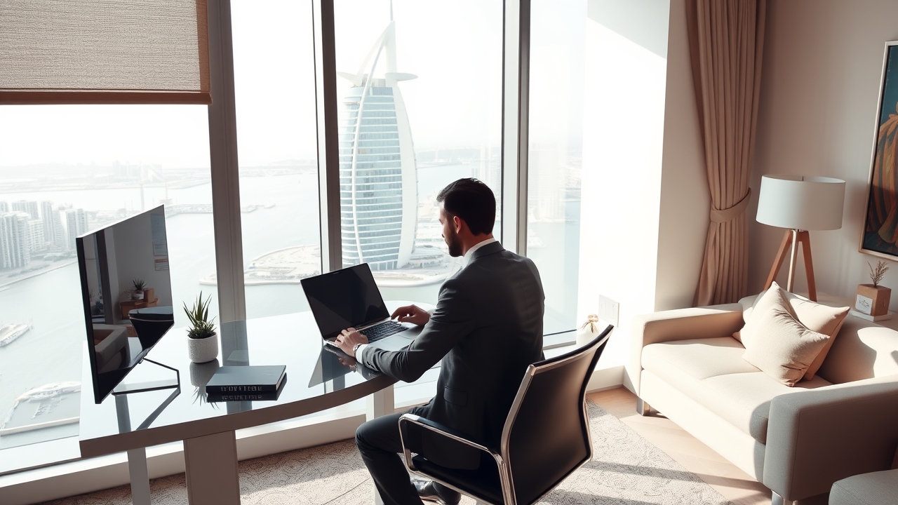 Digital nomad working in a Dubai apartment with Burj Al Arab view