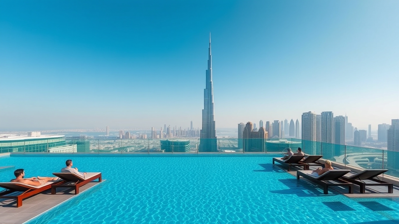 Rooftop infinity pool in a Dubai residential tower
