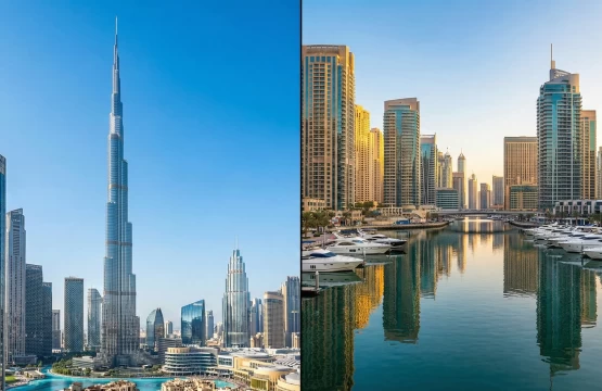 A split view comparing the urban skyline of Downtown Dubai with the waterfront high-rises of Dubai Marina.