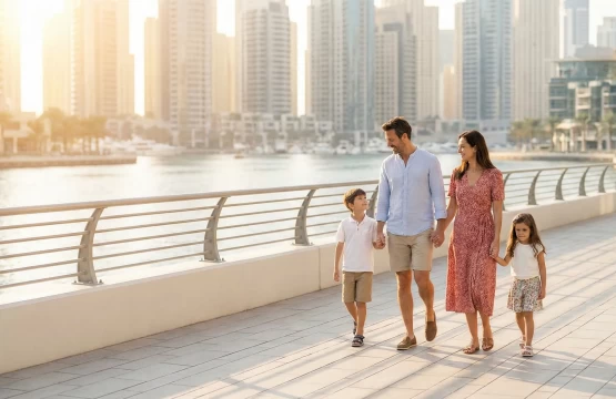 A family enjoying a walk along the waterfront in a family-friendly Dubai neighborhood during sunset.