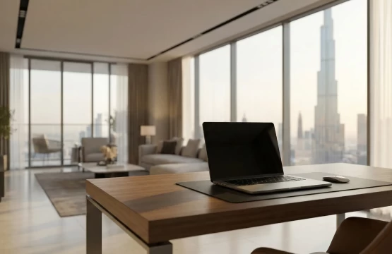 Modern workspace in a luxury serviced apartment in Dubai with skyline views.