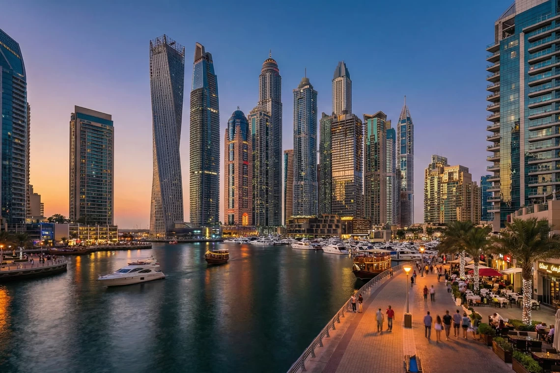 Illuminated skyscrapers and yachts in the Dubai Marina canal during twilight.