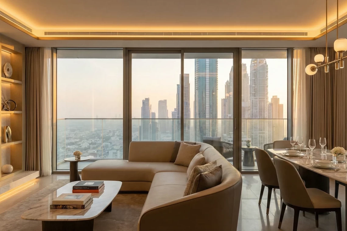 Modern luxury serviced apartment living room with skyline views in Dubai.