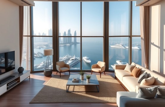 Modern living room in a Dubai Marina monthly apartment with water views