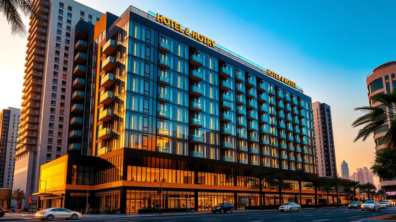 Luxury hotel apartment building exterior in Bur Dubai at sunset