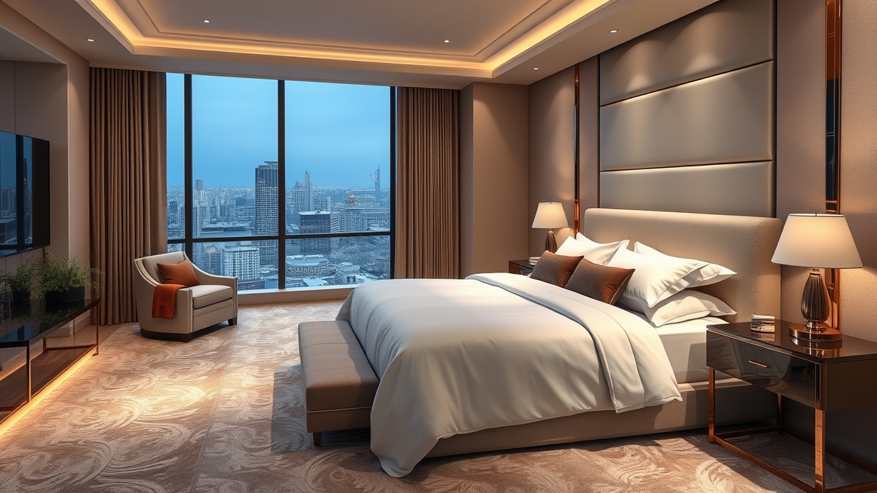 Luxury master bedroom suite in a Dubai Marina residence
