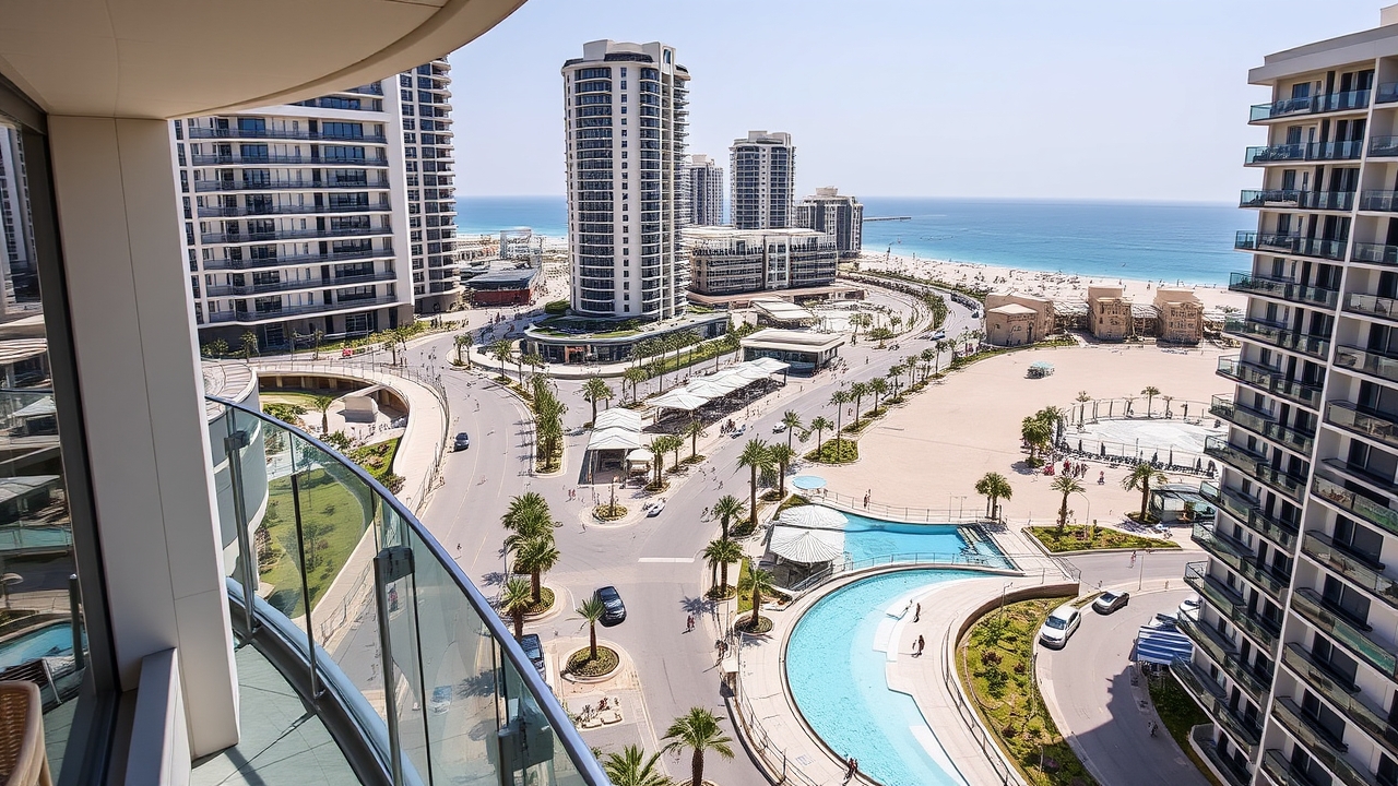 View of JBR The Walk and the beach from a balcony