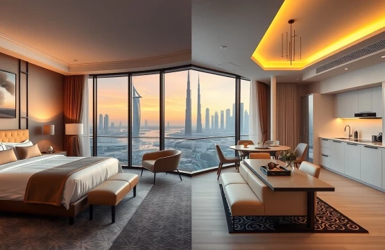Comparison of a luxury hotel room and a spacious serviced apartment in Abu Dhabi.