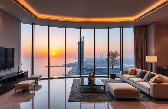 Modern luxury serviced apartment in Abu Dhabi with a view of the skyline.