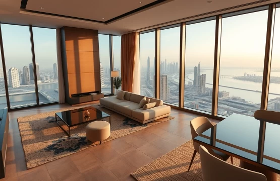 Luxury serviced apartment interior in Abu Dhabi with sea view.