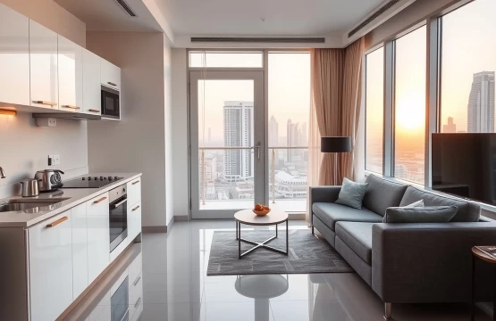 Modern affordable serviced apartment interior in Abu Dhabi with city views.