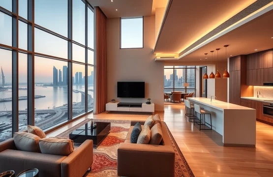 Modern luxury serviced apartment in Abu Dhabi with a view of the city skyline.