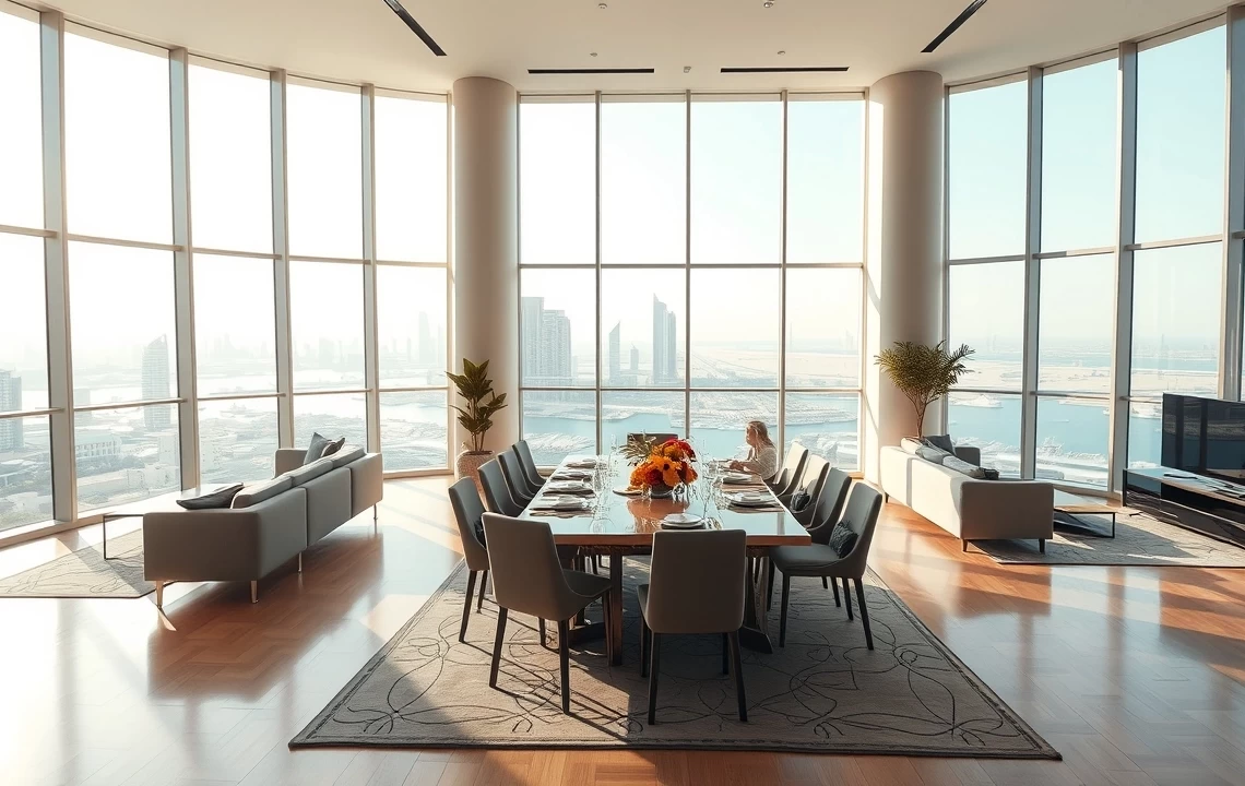 Luxury family-friendly serviced apartment living room in Abu Dhabi with sea views.