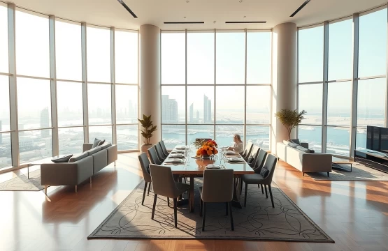 Luxury family-friendly serviced apartment living room in Abu Dhabi with sea views.