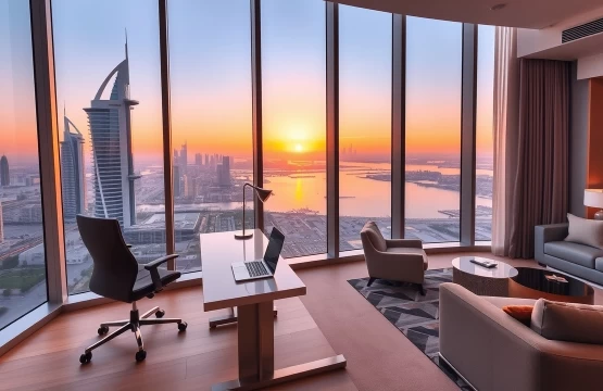 Luxury corporate serviced apartment in Abu Dhabi with a view of Etihad Towers.