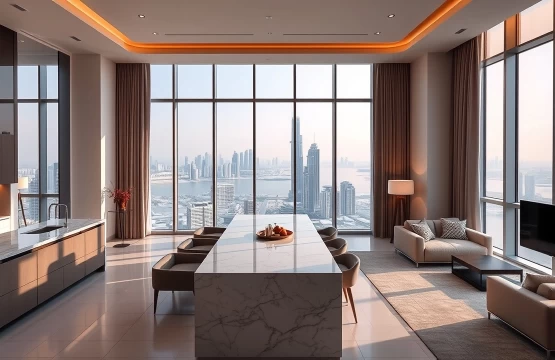 Modern luxury serviced apartment in Abu Dhabi with a view of the skyline.