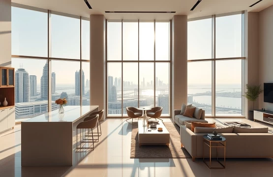 Modern luxury serviced apartment in Abu Dhabi with a view of the city skyline.