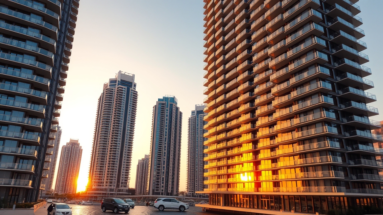Luxury hotel apartment building in Dubai Marina at sunset