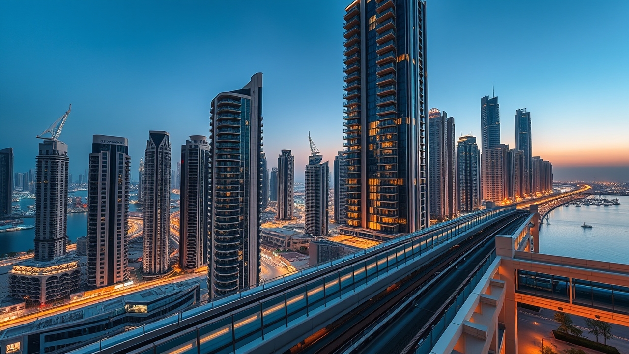 Dubai Marina apartment tower near metro station at night