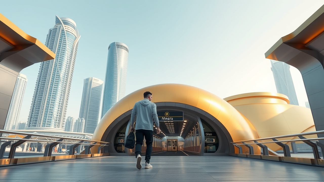 Futuristic Dubai Metro station entrance and city skyscrapers