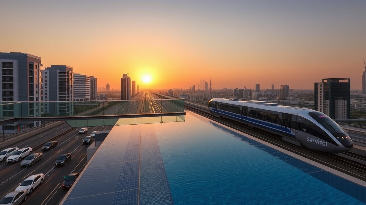 Rooftop infinity pool overlooking Sheikh Zayed Road and metro