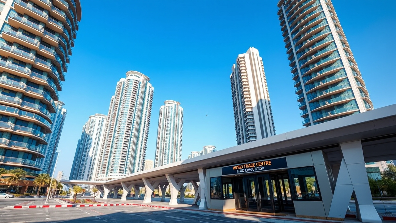 Dubai World Trade Centre metro station and urban skyline