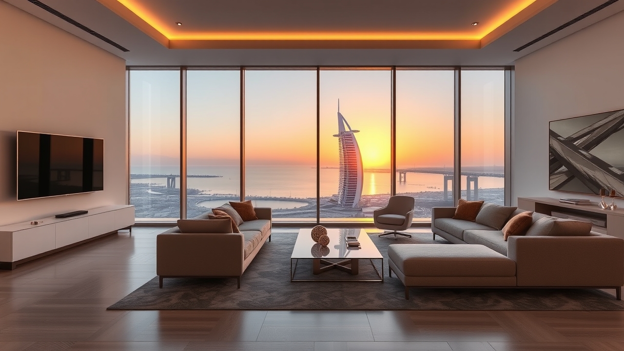 Spacious living room of a luxury Dubai serviced residence at sunset
