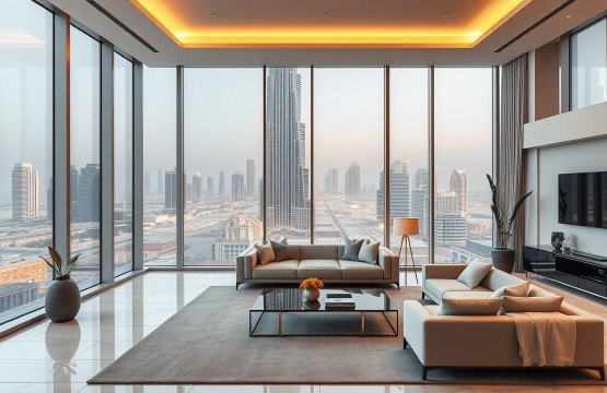 Luxury Dubai apartment interior with Burj Khalifa view