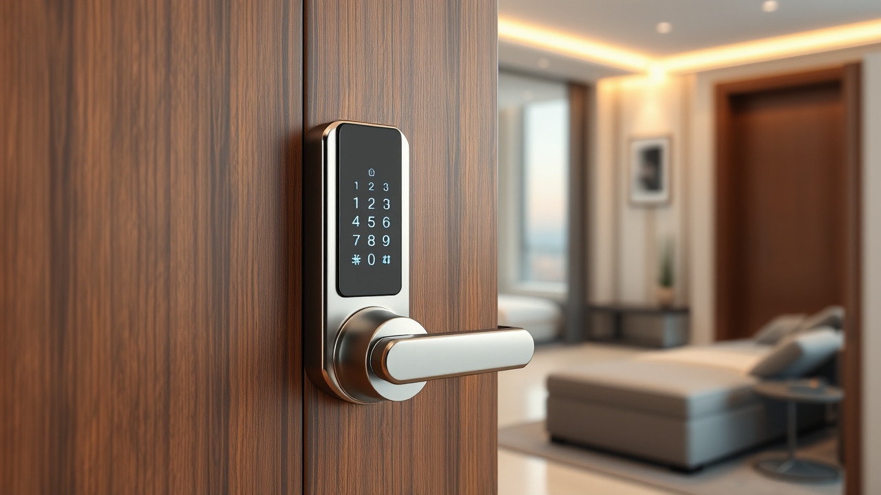 Modern smart lock technology on a Dubai apartment door