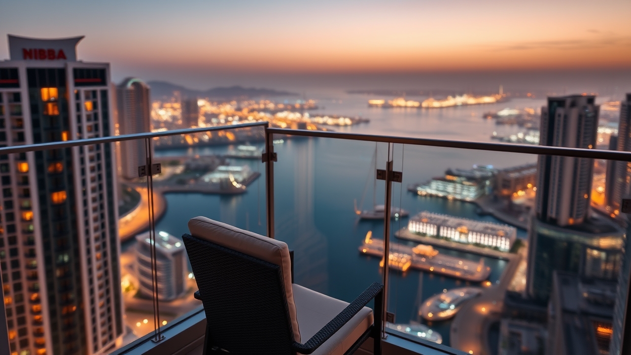 View of Dubai Marina from a high-rise apartment balcony