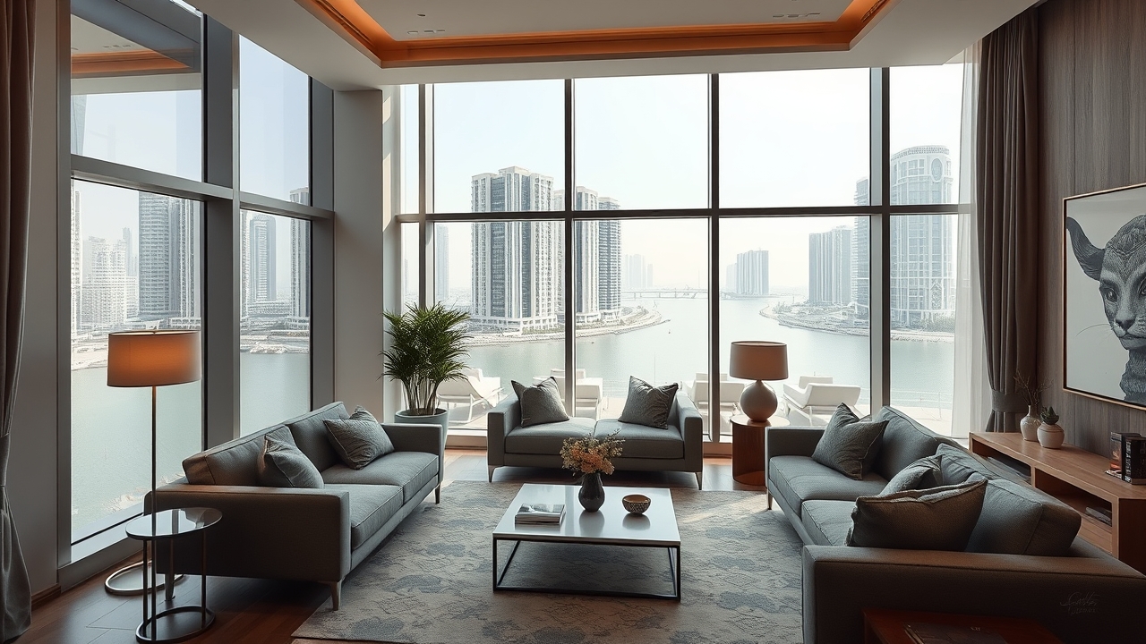 Serviced apartment living room with Dubai Creek view
