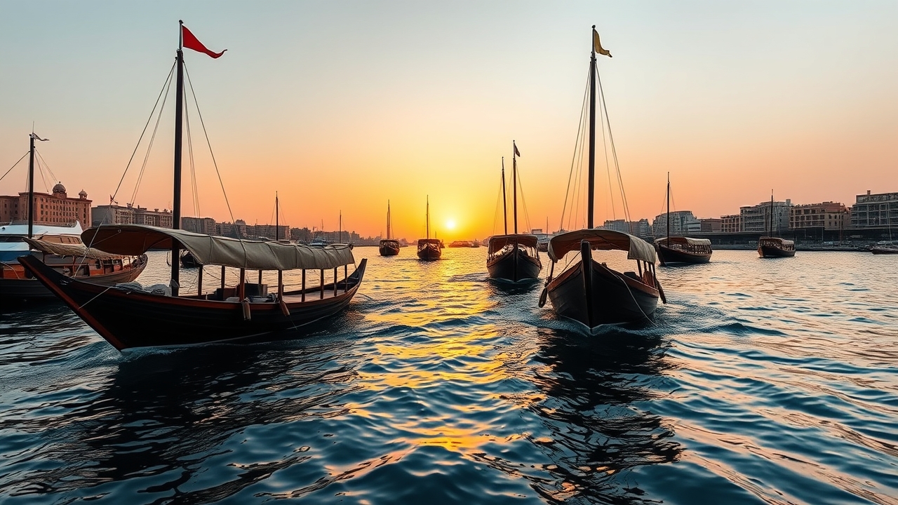 Traditional dhows on Dubai Creek at sunset