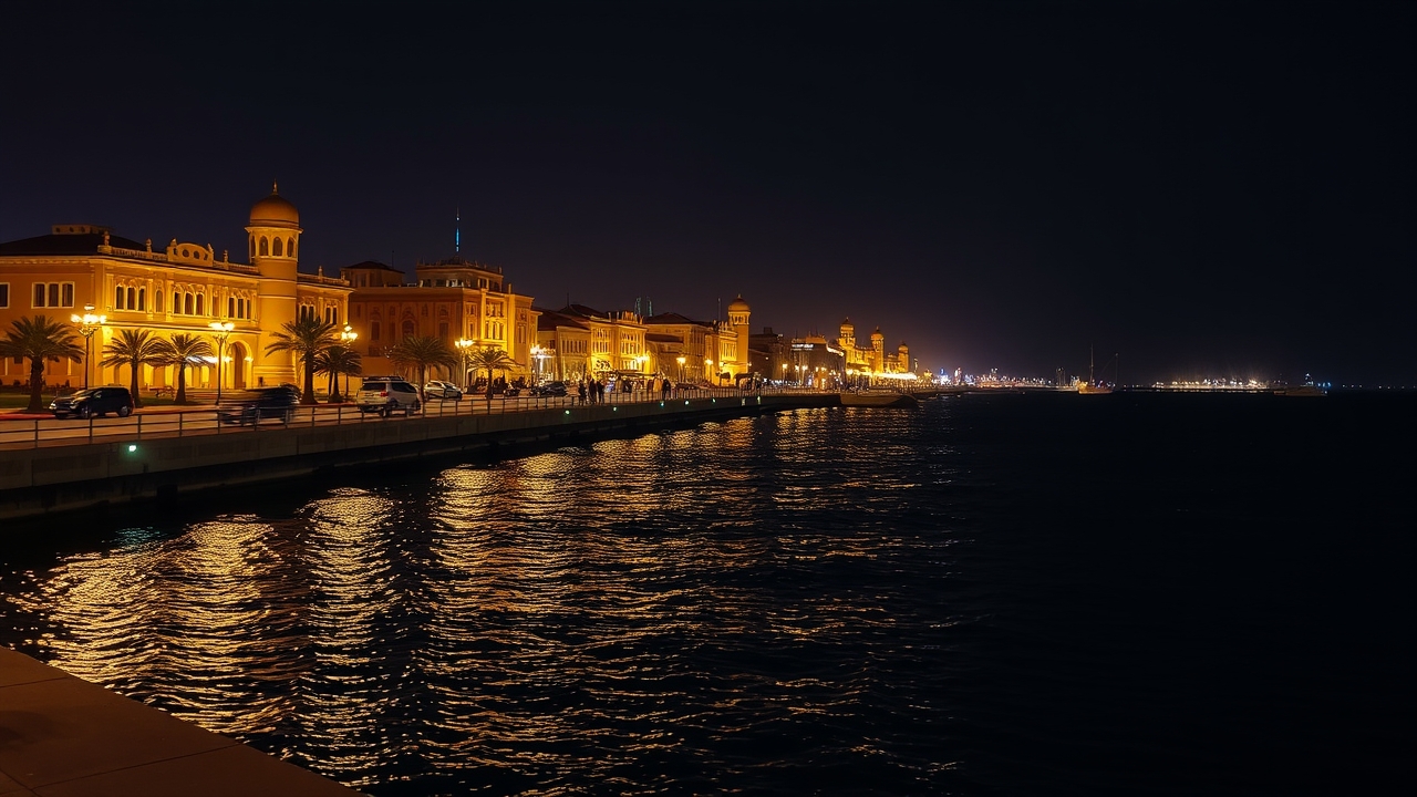 Al Seef promenade at night with warm lighting