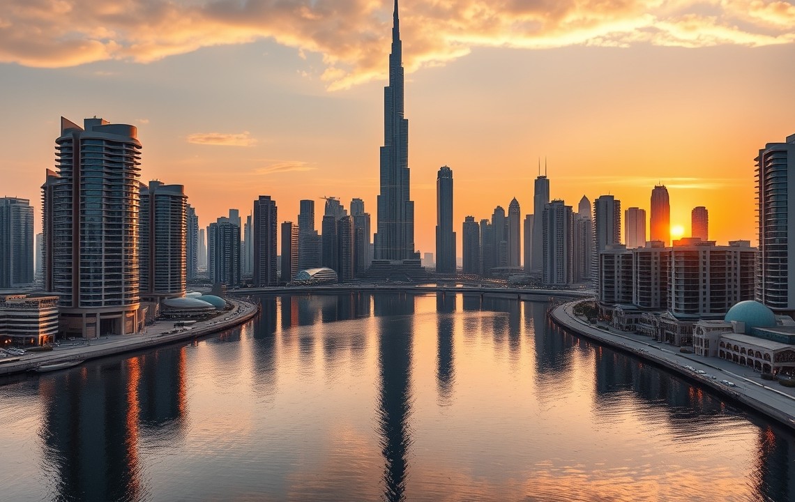 Business Bay skyline and Dubai Canal at sunset