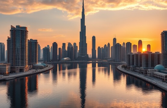 Business Bay skyline and Dubai Canal at sunset