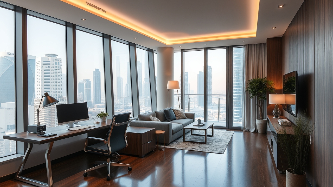 Modern corporate workspace in a Business Bay serviced apartment