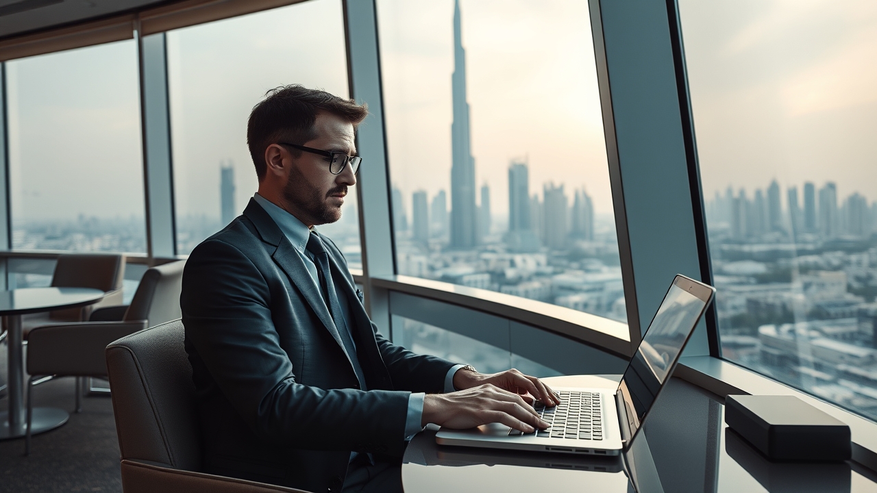 Executive working in a luxury business lounge in Dubai