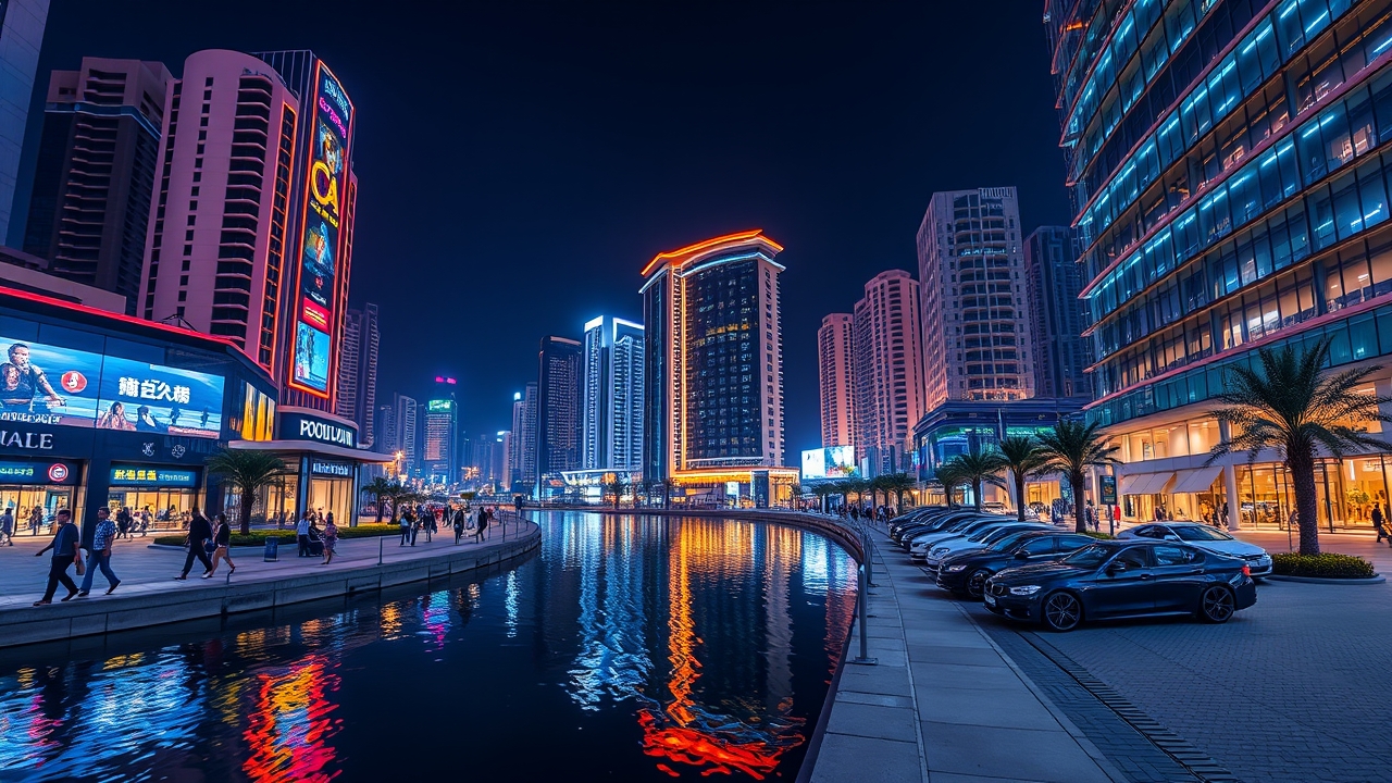 Dubai Canal promenade and night life in Business Bay