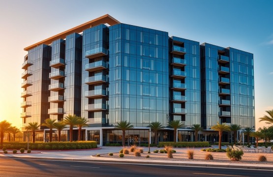Modern serviced apartment building exterior in Dubai Silicon Oasis