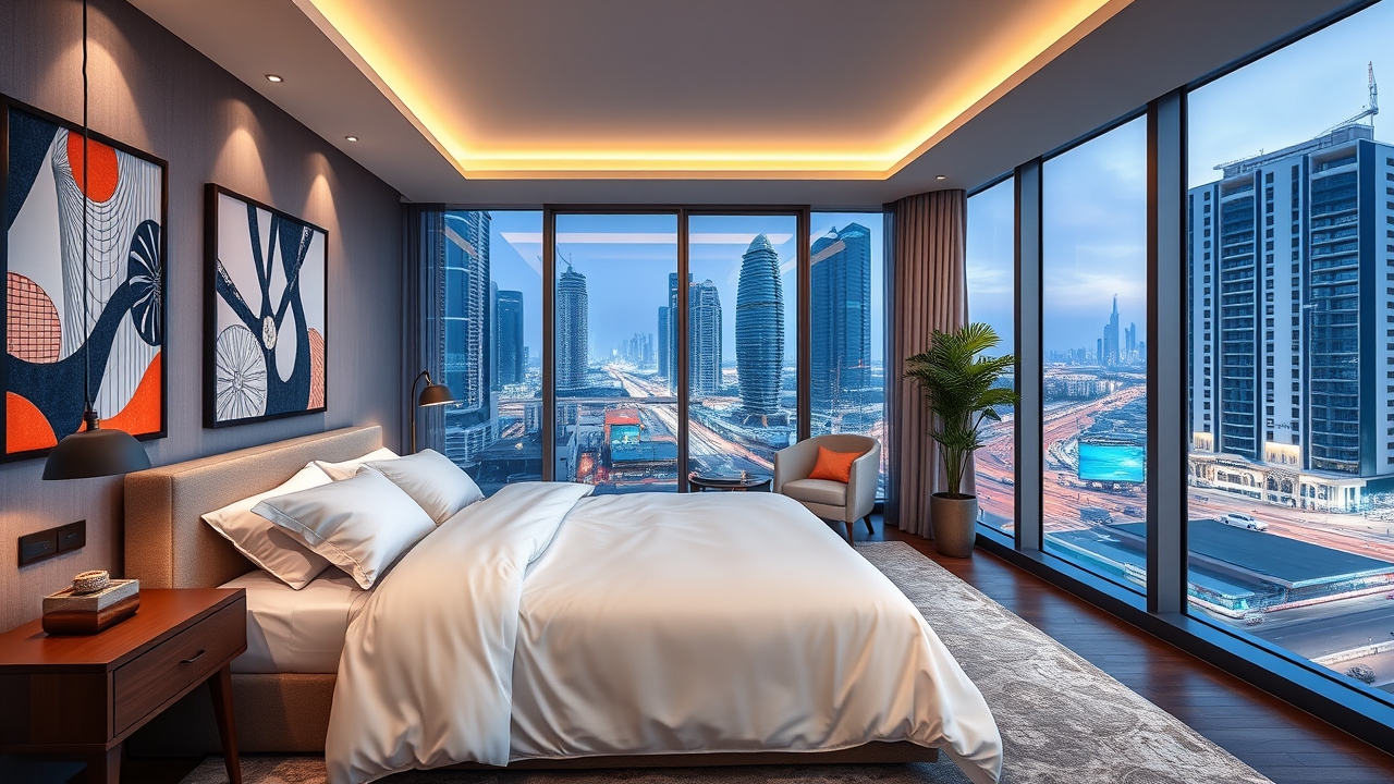 Contemporary bedroom in a serviced residence near Mall of the Emirates
