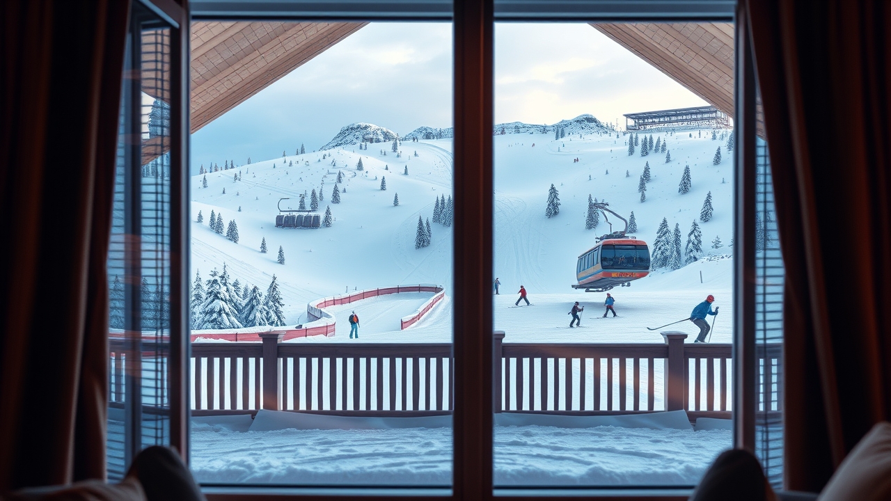 View of Ski Dubai slopes from a serviced chalet window