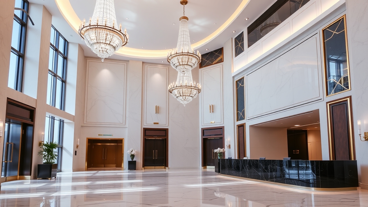 Elegant lobby of a luxury serviced apartment building