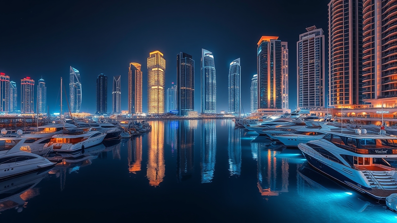 Dubai Marina canal and skyscrapers at night